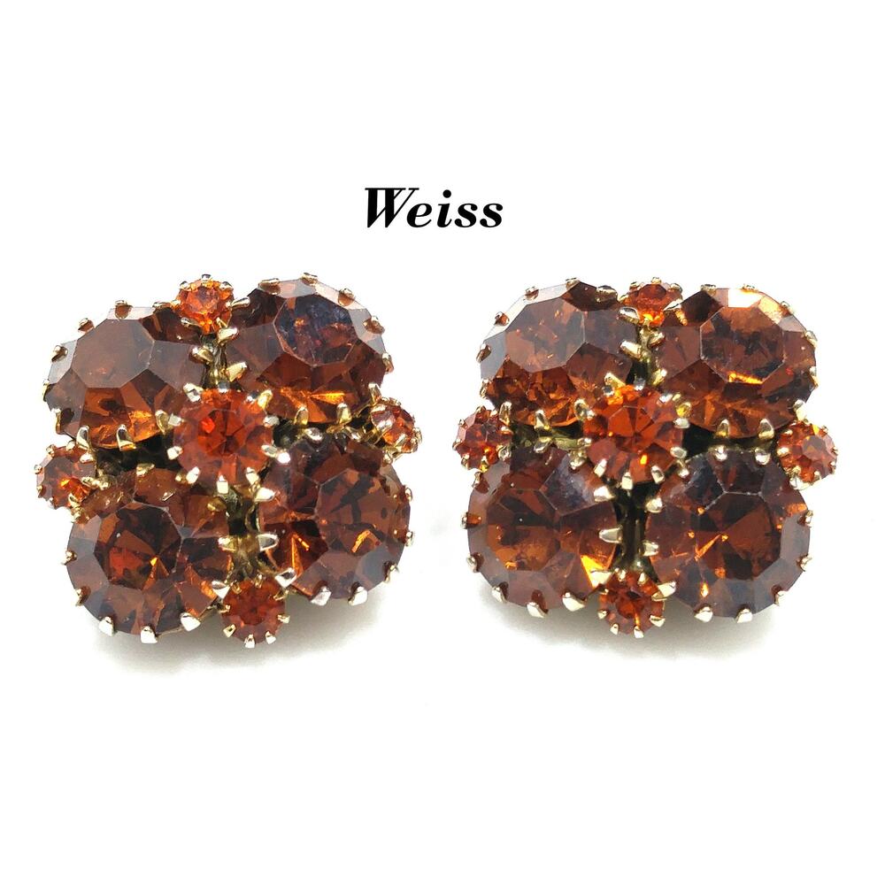 Vintage Weiss Topaz Rhinestone Clip Earrings Gold Tone Floral 1 1/8"